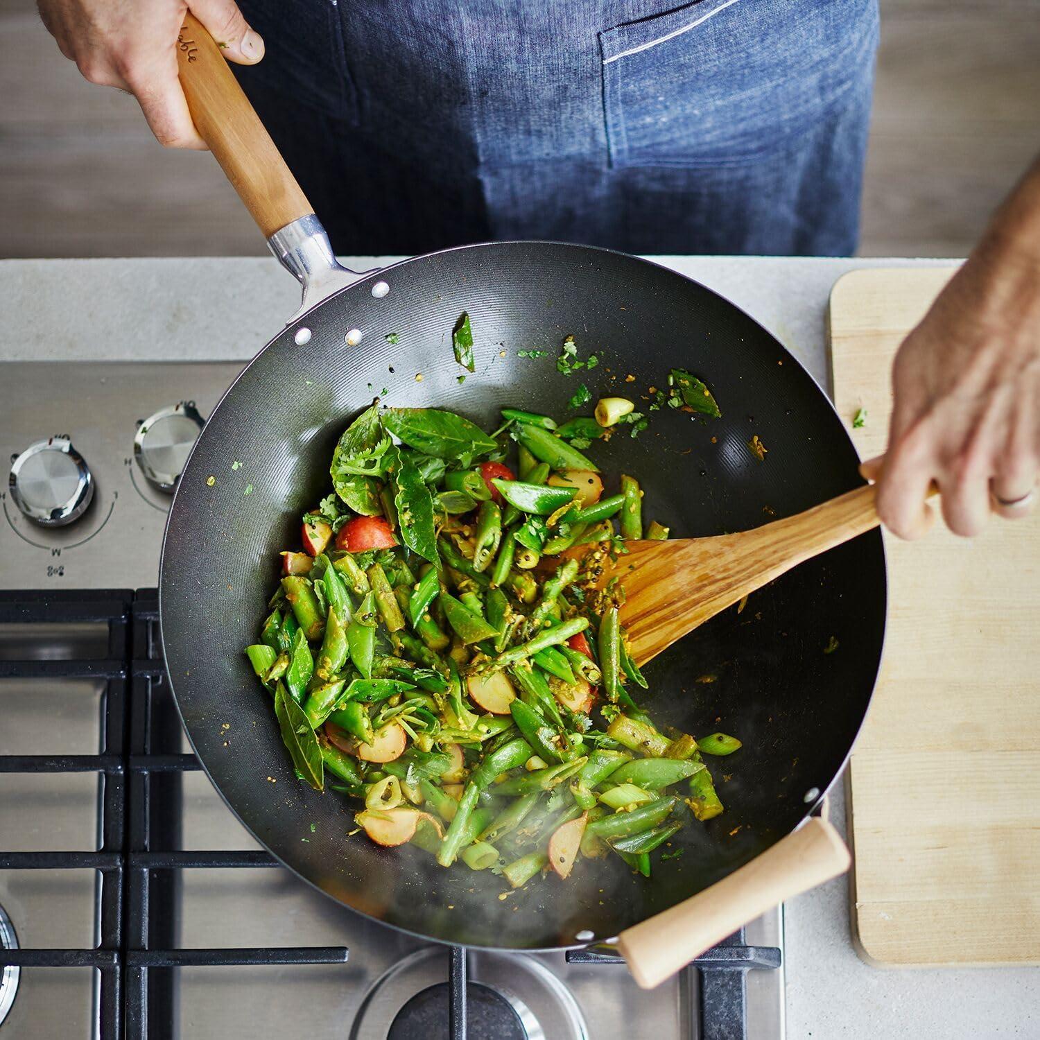 Sur La Table 14″ Nonstick Wok with Maple Handle – Steel Stir-Fry Pan with Flat Bottom for Even Heating, Healthy Cooking with Little to No Oil, Lightweight and Induction Compatible(Black) - view 2