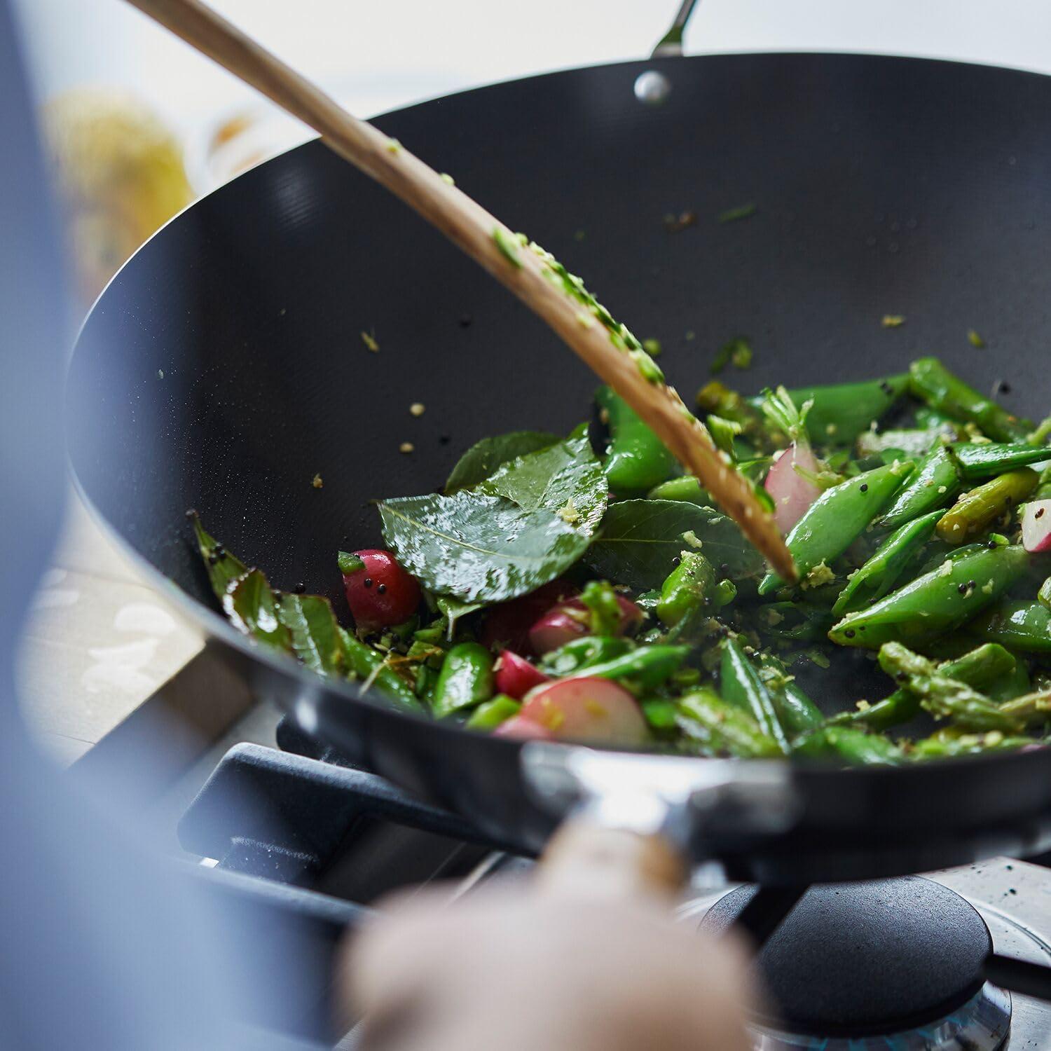 Sur La Table 14″ Nonstick Wok with Maple Handle – Steel Stir-Fry Pan with Flat Bottom for Even Heating, Healthy Cooking with Little to No Oil, Lightweight and Induction Compatible(Black) - view 3