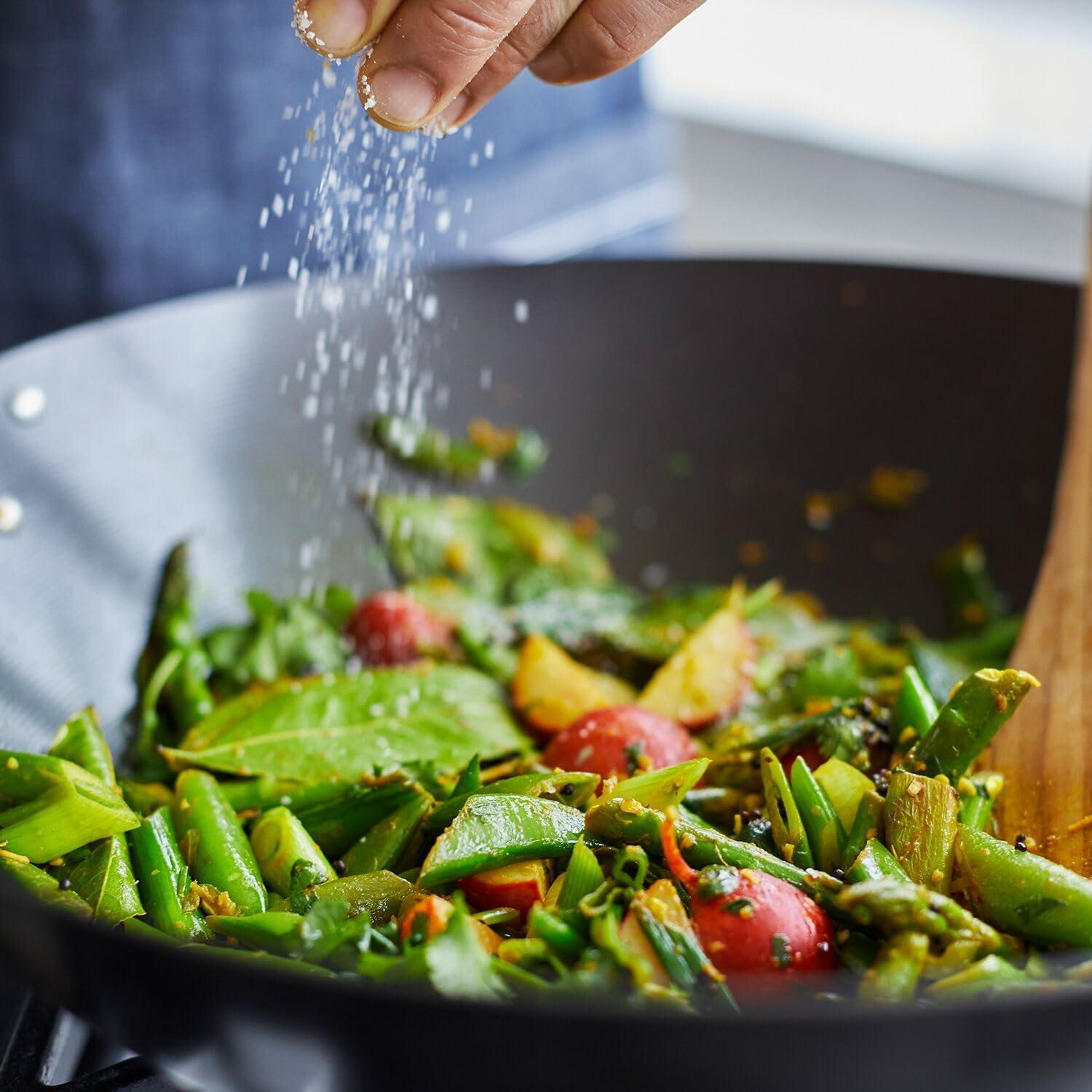 Sur La Table 14″ Nonstick Wok with Maple Handle – Steel Stir-Fry Pan with Flat Bottom for Even Heating, Healthy Cooking with Little to No Oil, Lightweight and Induction Compatible(Black) - view 4