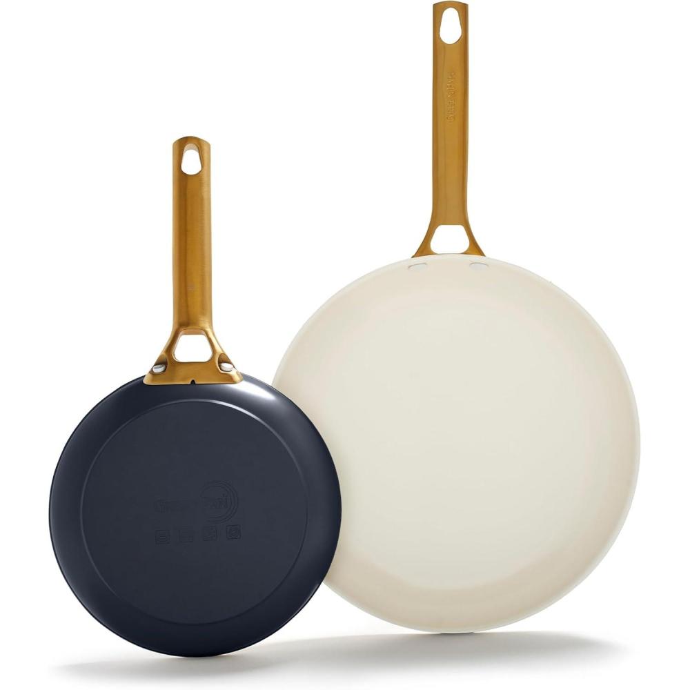 GreenPan Hard Anodized Healthy Ceramic Nonstick 10″ and 12″ Frying Pan Skillet Set, Gold Handle, PFAS-Free, Dishwasher Safe, Oven Safe, Taupe(Twilight Blue)