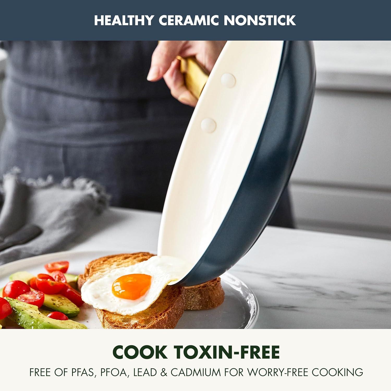 GreenPan Hard Anodized Healthy Ceramic Nonstick 10″ and 12″ Frying Pan Skillet Set, Gold Handle, PFAS-Free, Dishwasher Safe, Oven Safe, Taupe(Twilight Blue) - view 2