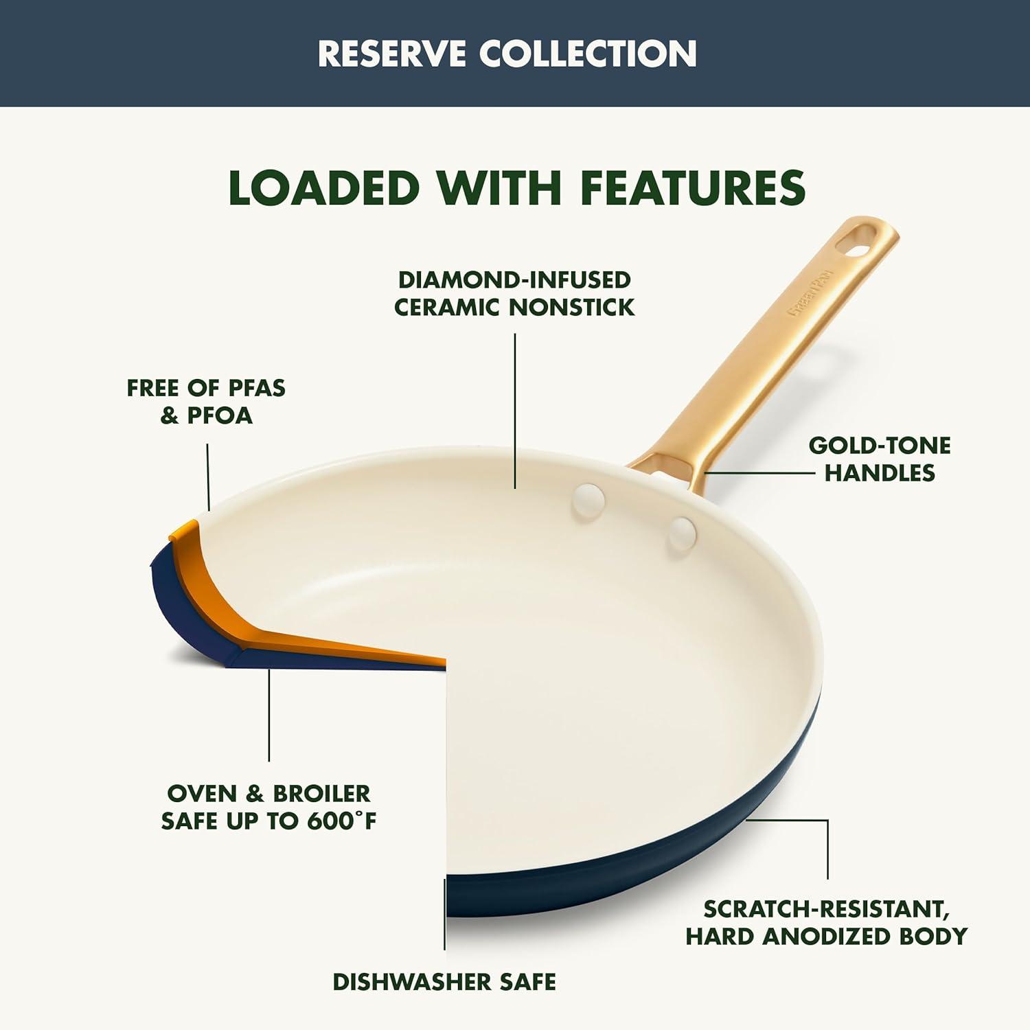 GreenPan Hard Anodized Healthy Ceramic Nonstick 10″ and 12″ Frying Pan Skillet Set, Gold Handle, PFAS-Free, Dishwasher Safe, Oven Safe, Taupe(Twilight Blue) - view 3