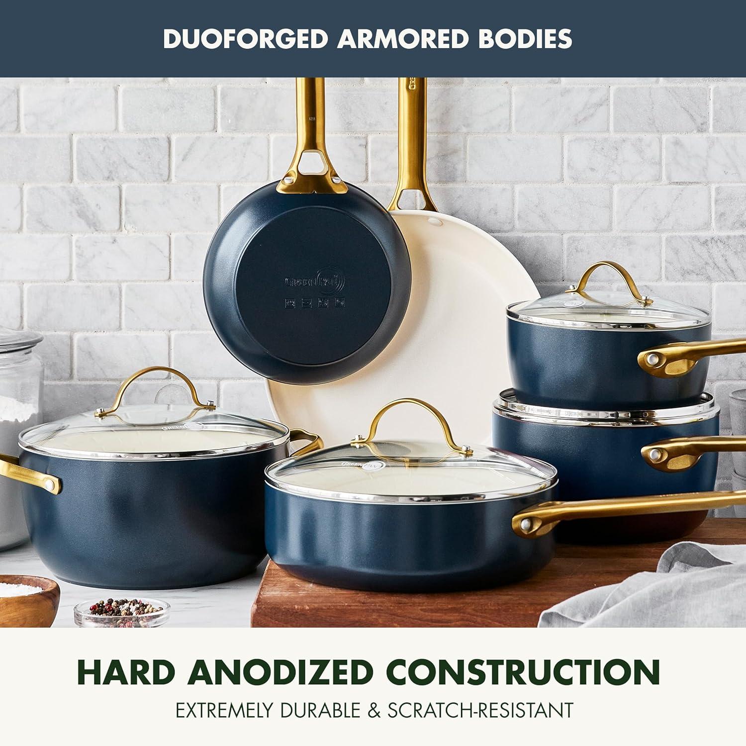 GreenPan Hard Anodized Healthy Ceramic Nonstick 10″ and 12″ Frying Pan Skillet Set, Gold Handle, PFAS-Free, Dishwasher Safe, Oven Safe, Taupe(Twilight Blue) - view 4
