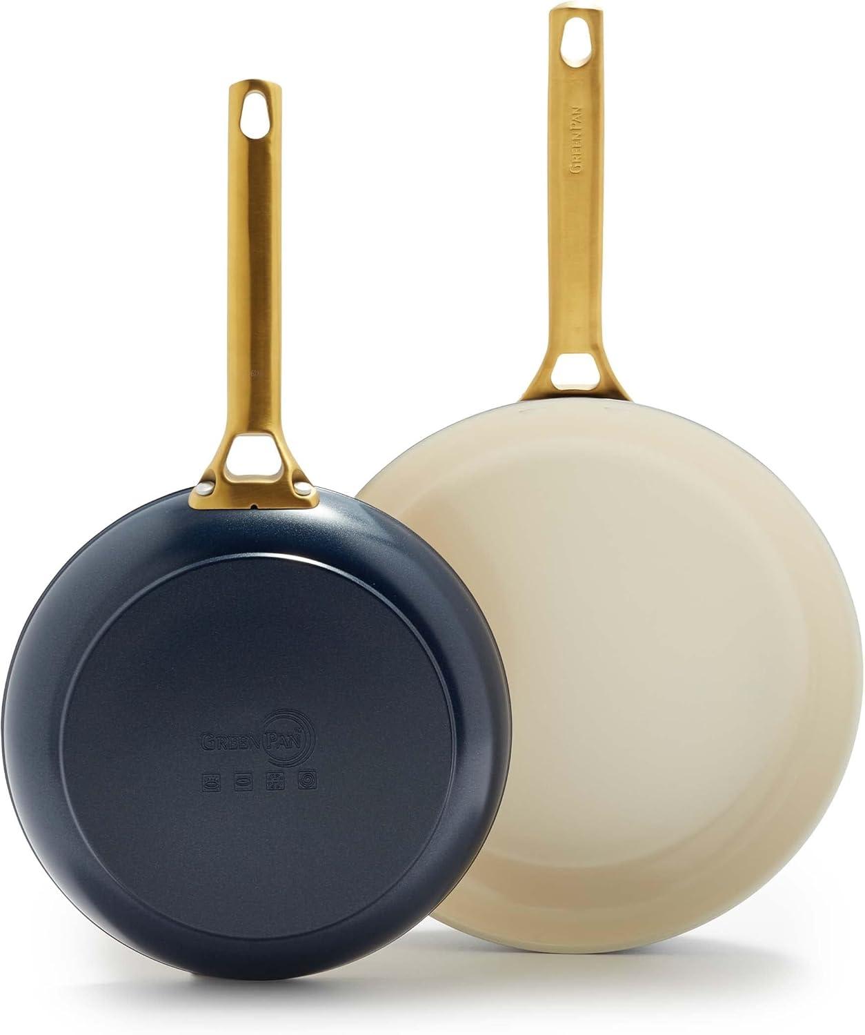 GreenPan Hard Anodized Healthy Ceramic Nonstick 10″ and 12″ Frying Pan Skillet Set, Gold Handle, PFAS-Free, Dishwasher Safe, Oven Safe, Taupe(Twilight Blue) - view 8