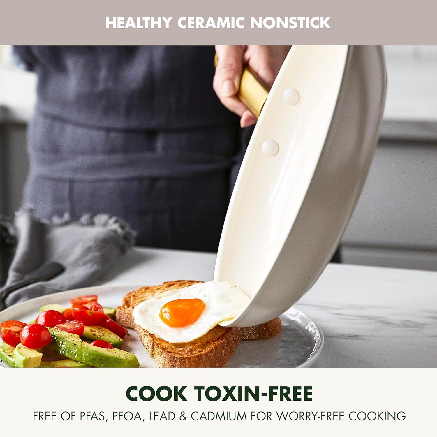 GreenPan Hard Anodized Healthy Ceramic Nonstick 10″ and 12″ Frying Pan Skillet Set, Gold Handle, PFAS-Free, Dishwasher Safe, Oven Safe, Taupe(Taupe) - view 2