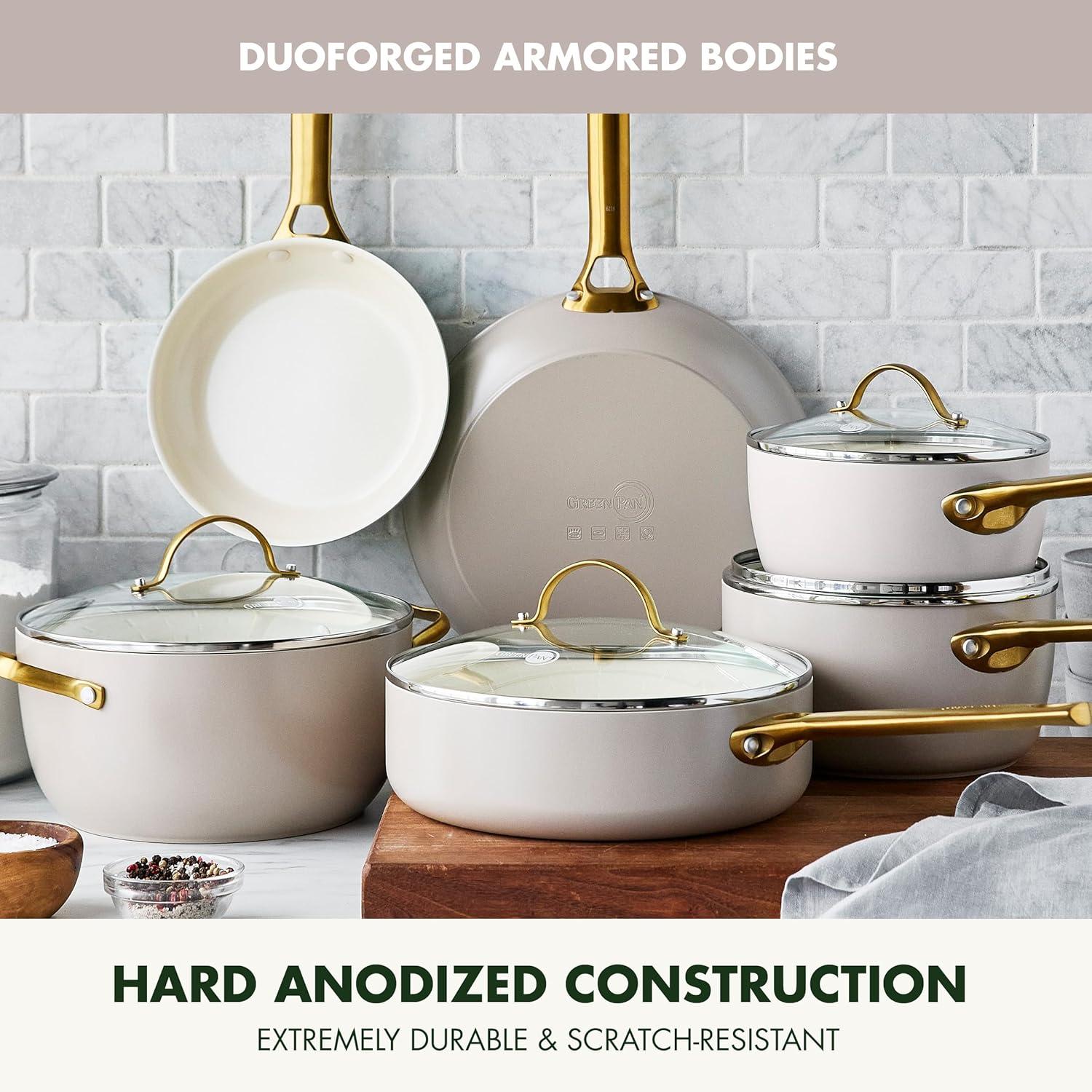 GreenPan Hard Anodized Healthy Ceramic Nonstick 10″ and 12″ Frying Pan Skillet Set, Gold Handle, PFAS-Free, Dishwasher Safe, Oven Safe, Taupe(Taupe) - view 4