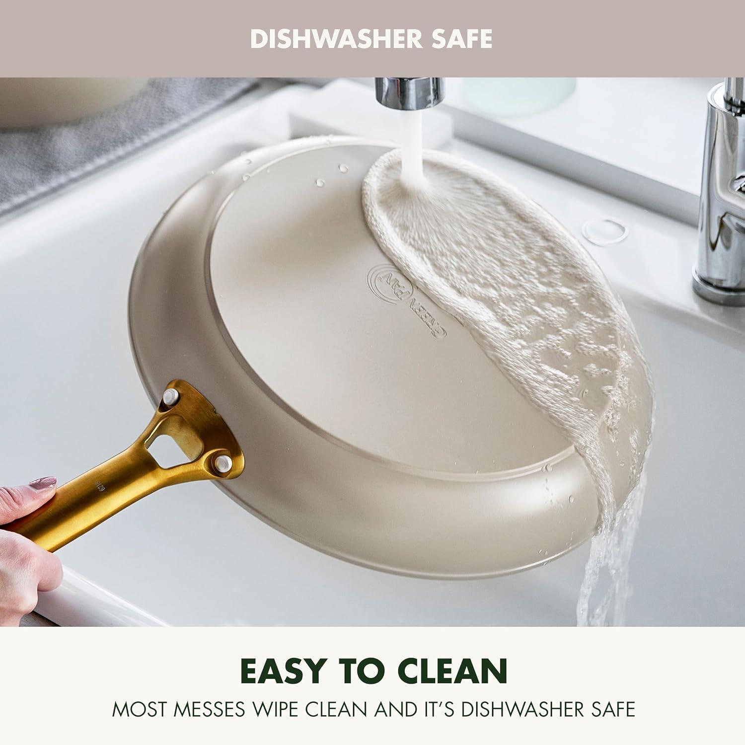 GreenPan Hard Anodized Healthy Ceramic Nonstick 10″ and 12″ Frying Pan Skillet Set, Gold Handle, PFAS-Free, Dishwasher Safe, Oven Safe, Taupe(Taupe) - view 6