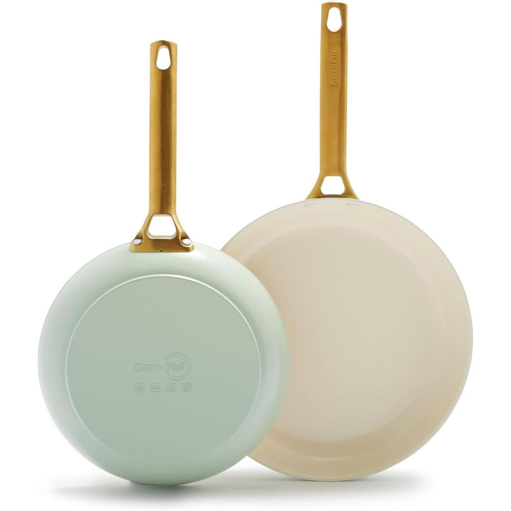 GreenPan Hard Anodized Healthy Ceramic Nonstick 10″ and 12″ Frying Pan Skillet Set, Gold Handle, PFAS-Free, Dishwasher Safe, Oven Safe, Taupe(Julep Green)