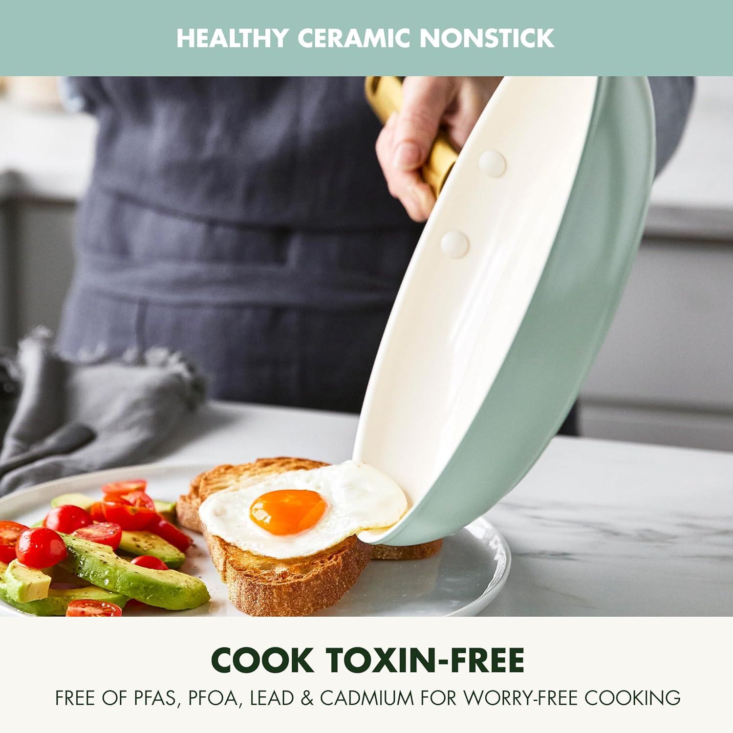 GreenPan Hard Anodized Healthy Ceramic Nonstick 10″ and 12″ Frying Pan Skillet Set, Gold Handle, PFAS-Free, Dishwasher Safe, Oven Safe, Taupe(Julep Green) - view 2