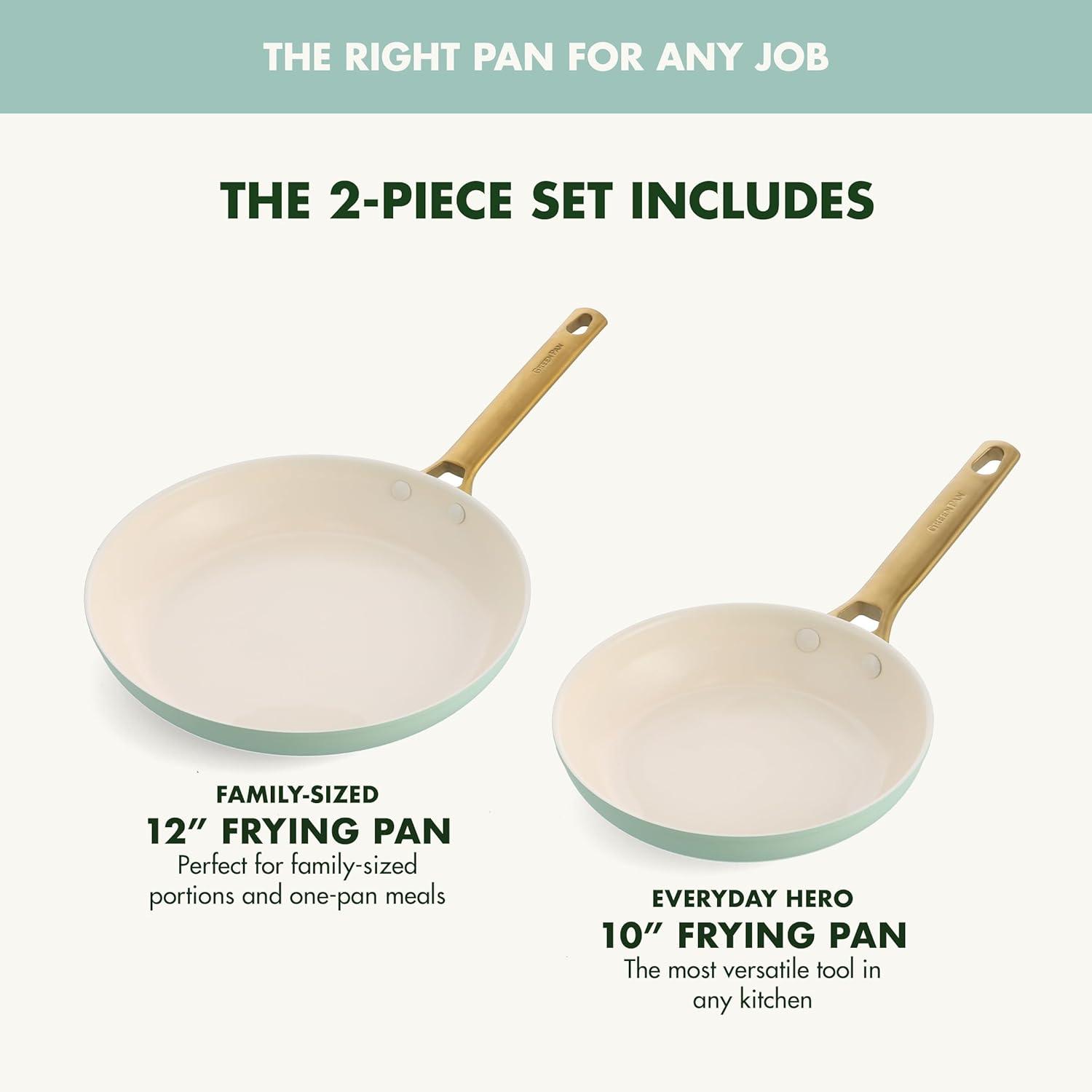 GreenPan Hard Anodized Healthy Ceramic Nonstick 10″ and 12″ Frying Pan Skillet Set, Gold Handle, PFAS-Free, Dishwasher Safe, Oven Safe, Taupe(Julep Green) - view 3