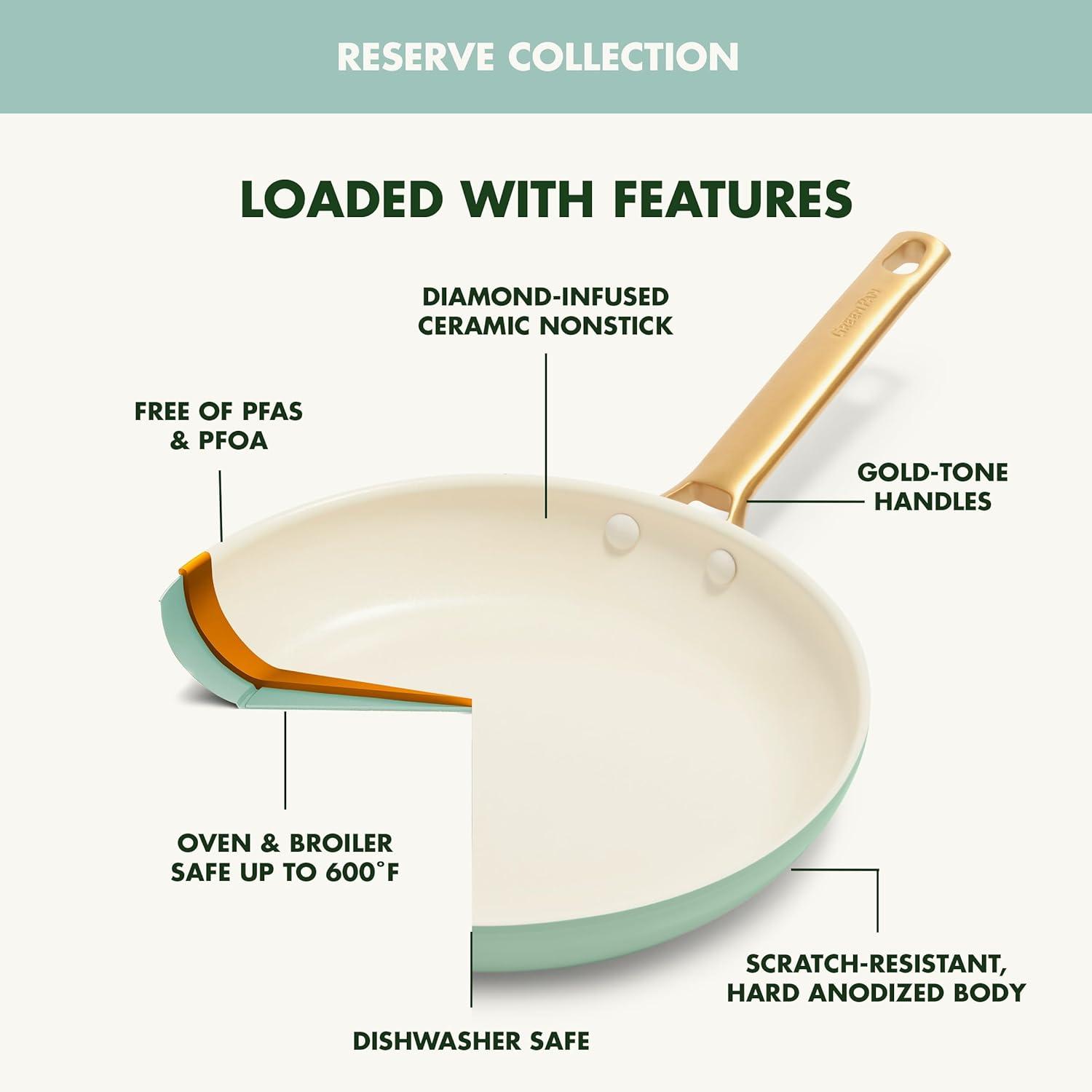 GreenPan Hard Anodized Healthy Ceramic Nonstick 10″ and 12″ Frying Pan Skillet Set, Gold Handle, PFAS-Free, Dishwasher Safe, Oven Safe, Taupe(Julep Green) - view 4
