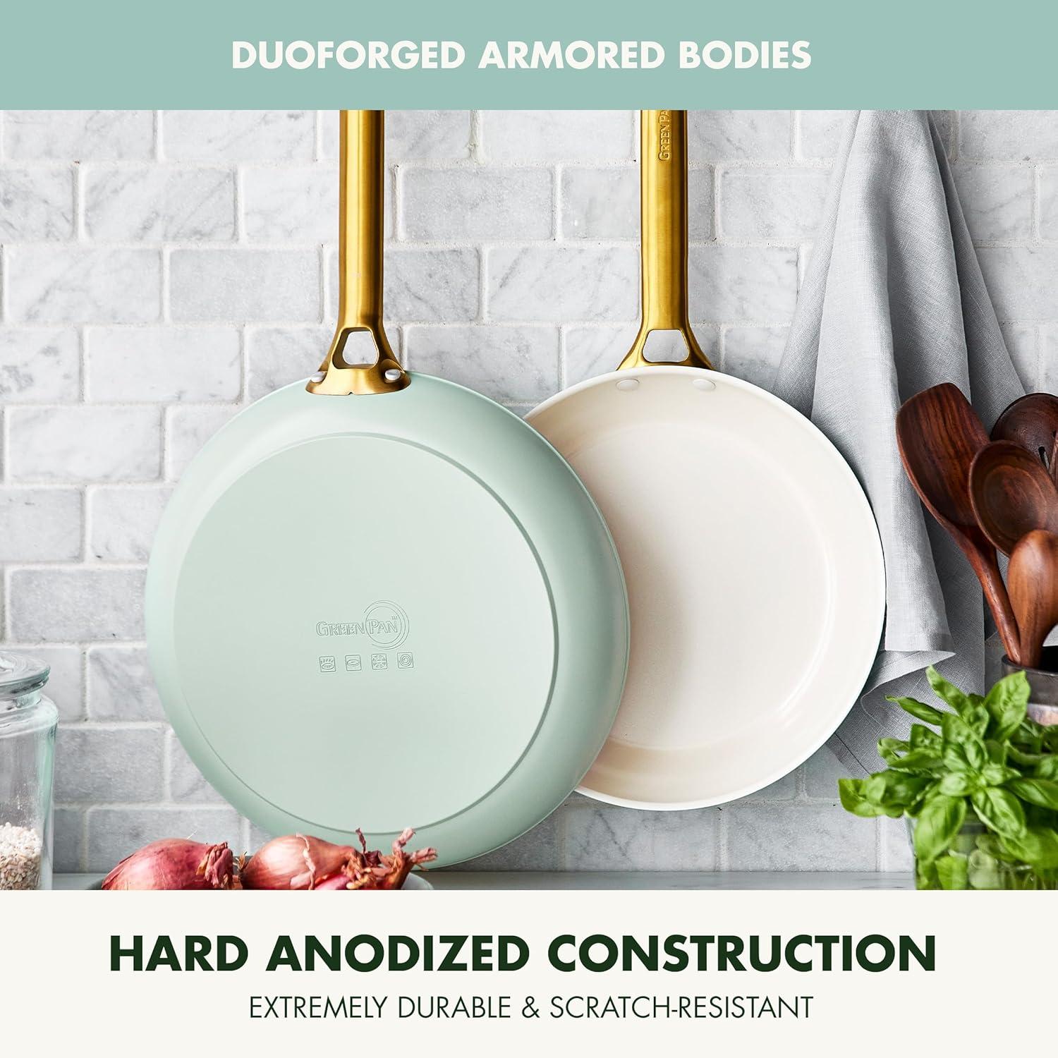 GreenPan Hard Anodized Healthy Ceramic Nonstick 10″ and 12″ Frying Pan Skillet Set, Gold Handle, PFAS-Free, Dishwasher Safe, Oven Safe, Taupe(Julep Green) - view 5