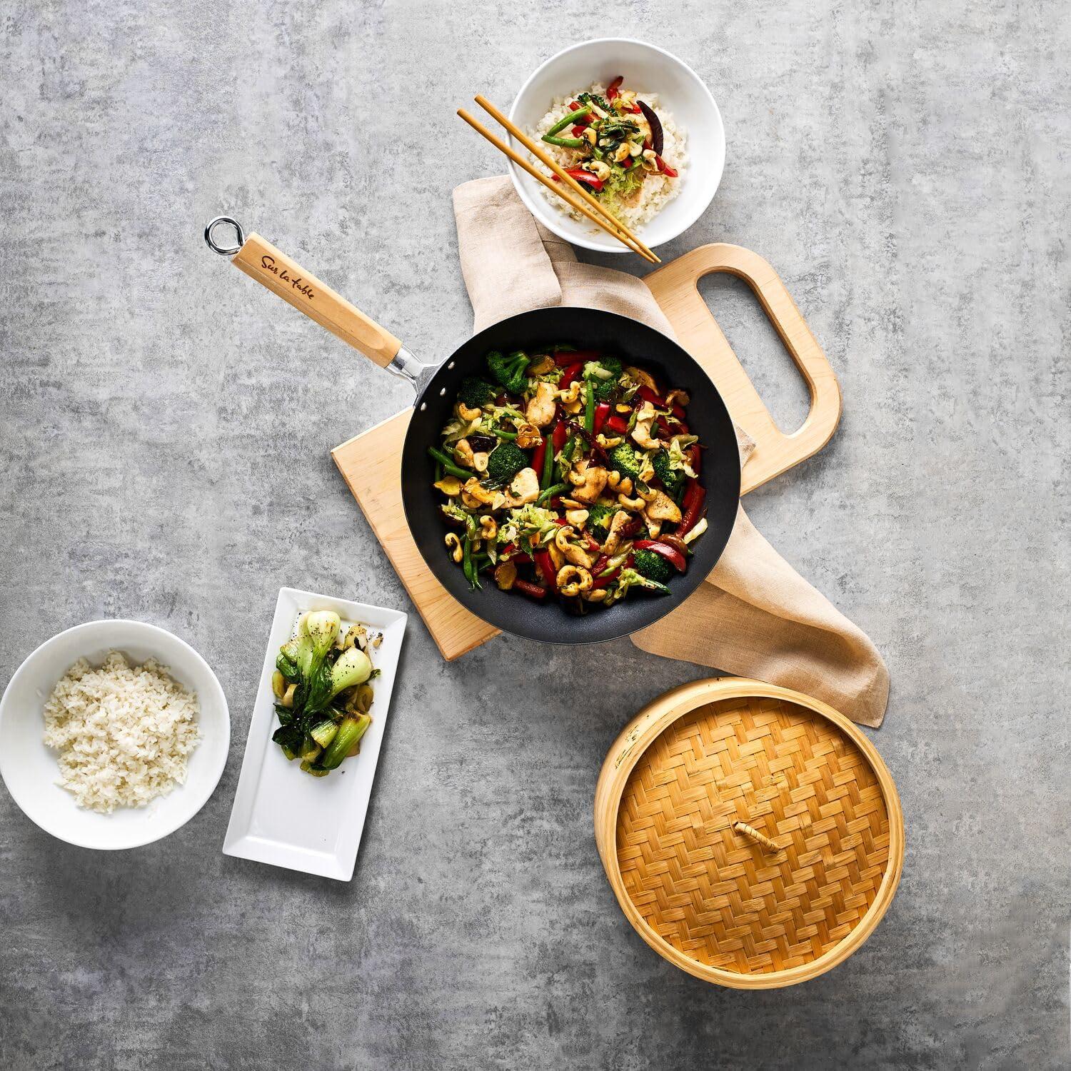 Sur La Table 12″ Nonstick Wok with Maple Handle – Steel Stir-Fry Pan with Flat Bottom for Even Heating, Healthy Cooking with Little to No Oil, Lightweight and Induction Compatible - view 4