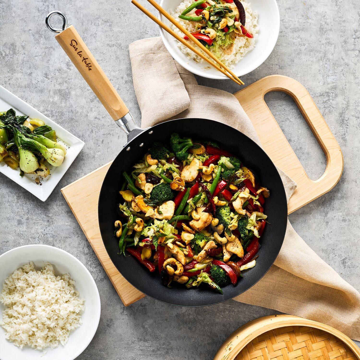 Sur La Table 12″ Nonstick Wok with Maple Handle – Steel Stir-Fry Pan with Flat Bottom for Even Heating, Healthy Cooking with Little to No Oil, Lightweight and Induction Compatible - view 5