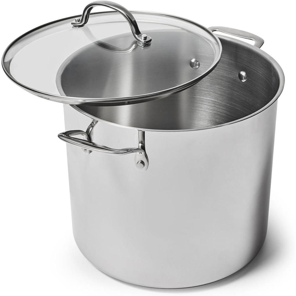 Sur La Table 16-Quart Stainless Steel Stockpot – Large Capacity Soup & Stew Pot with High Sides and Wide Base, Impact-Bonded Warp-Resistant Base, Riveted Handles, Oven & Induction, Rolled Rim for