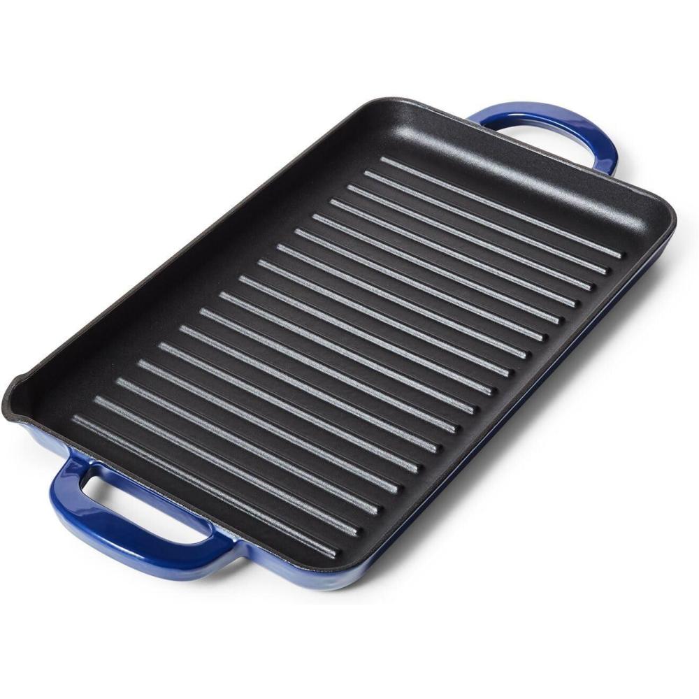 Sur La Table 15″ x 9″ Enameled Cast Iron Grill Pan – Rectangular Stove-to-Oven Griddle for Steaks, Veggies & Seafood, Induction Compatible, Oven to 500°F, No Seasoning Required, Blue - view 2
