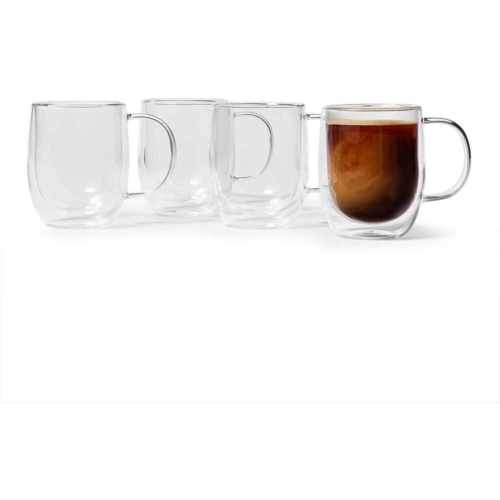 Sur La Table 12 oz Double-Wall Glass Coffee Mug, Set of 4 – Insulated Design Keeps Drinks Hot & Hands Cool, Microwave & Dishwasher