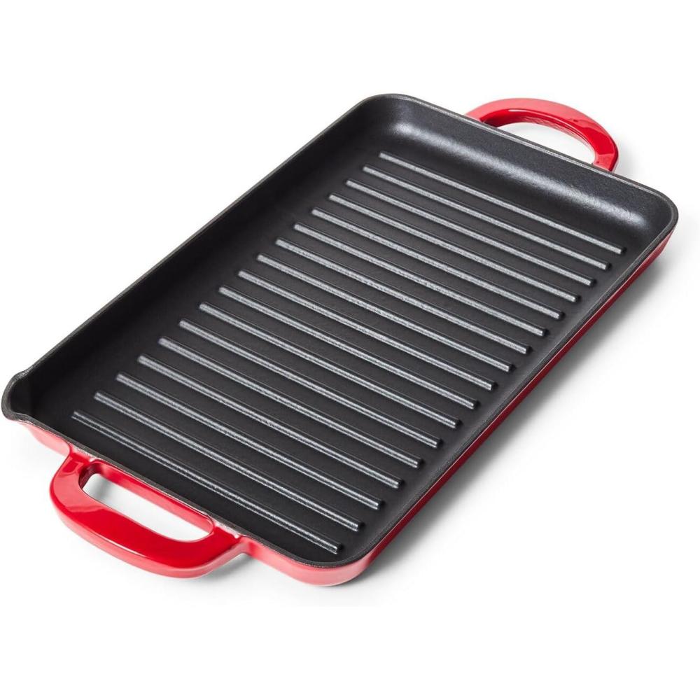 Sur La Table 15″ x 9″ Enameled Cast Iron Grill Pan – Rectangular Stove-to-Oven Griddle for Steaks, Veggies & Seafood, Induction Compatible, Oven to 500°F, No Seasoning Required, Red