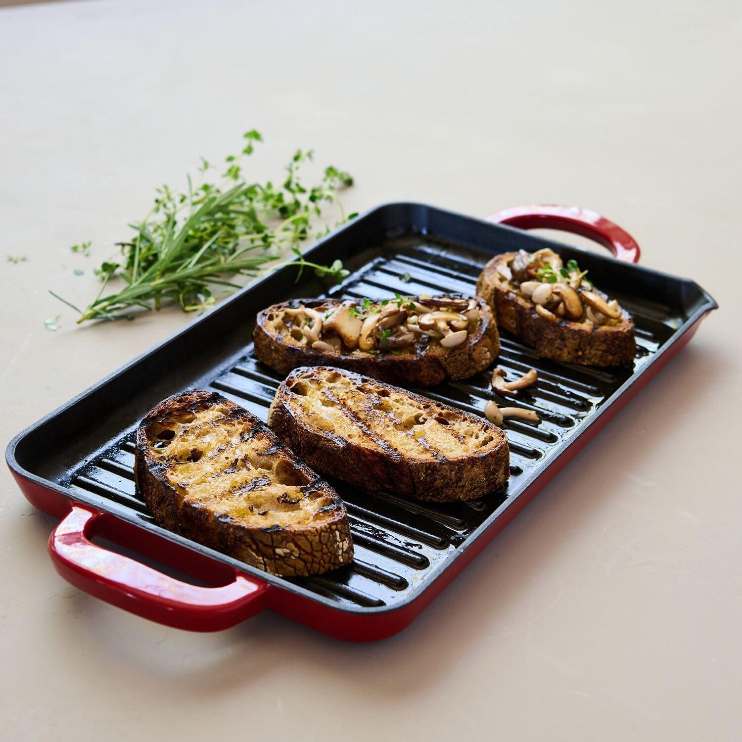 Sur La Table 15″ x 9″ Enameled Cast Iron Grill Pan – Rectangular Stove-to-Oven Griddle for Steaks, Veggies & Seafood, Induction Compatible, Oven to 500°F, No Seasoning Required, Red - view 2