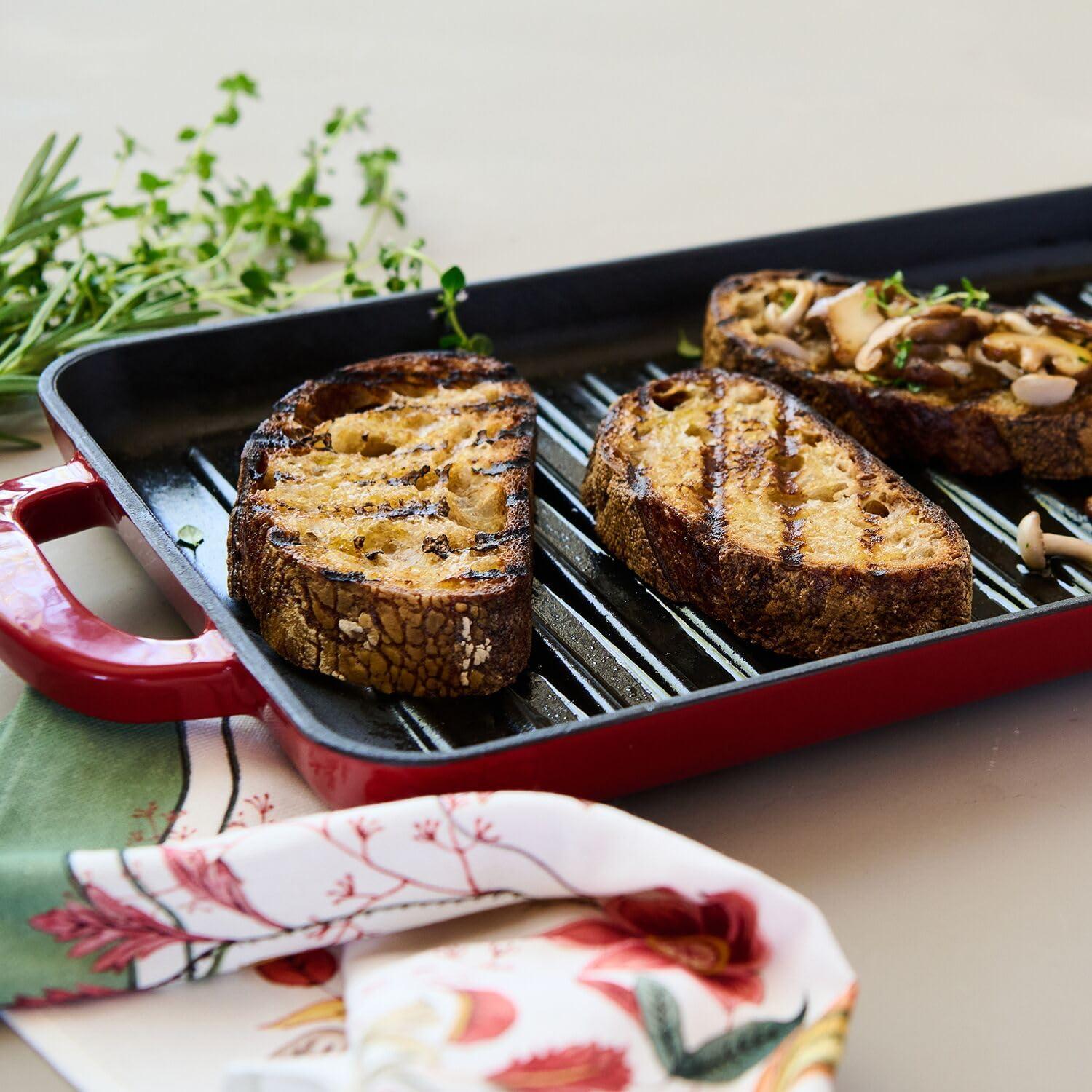 Sur La Table 15″ x 9″ Enameled Cast Iron Grill Pan – Rectangular Stove-to-Oven Griddle for Steaks, Veggies & Seafood, Induction Compatible, Oven to 500°F, No Seasoning Required, Red - view 3